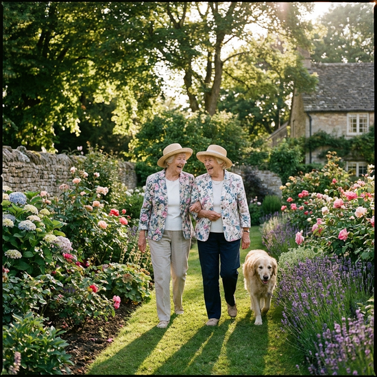 Zwei ältere Damen spazieren fröhlich plaudernd durch einen gepflegten Garten mit Blumenbeeten. Sanftes Nachmittagslicht, friedliche und sichere Umgebung.