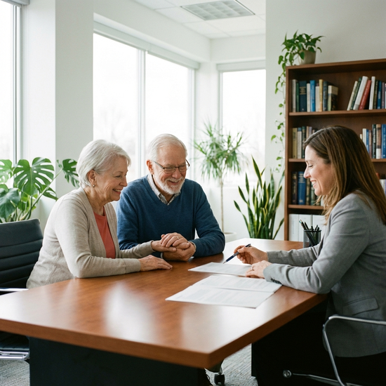 Ein älteres Ehepaar sitzt mit einer Beraterin an einem Schreibtisch und schaut zufrieden auf Dokumente. Professionelle, vertrauensvolle Atmosphäre, helles Büro ohne lesbaren Text.