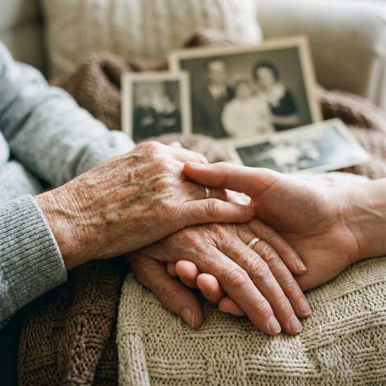 Eine detaillierte Nahaufnahme von zwei Händen, die liebevoll übereinanderliegen, eine jüngere und eine ältere Hand. Symbolisiert Fürsorge und familiären Zusammenhalt.