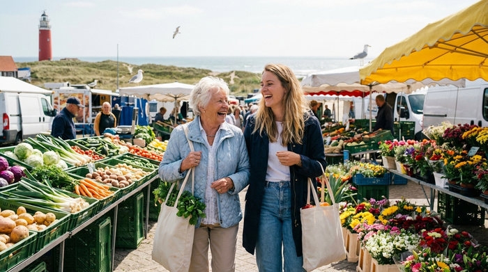 Eine rüstige Seniorin und eine jüngere Alltagsbegleiterin spazieren fröhlich über einen Wochenmarkt an der Nordseeküste. Frisches Gemüse und Blumenstände im Hintergrund, sonniges Wetter.