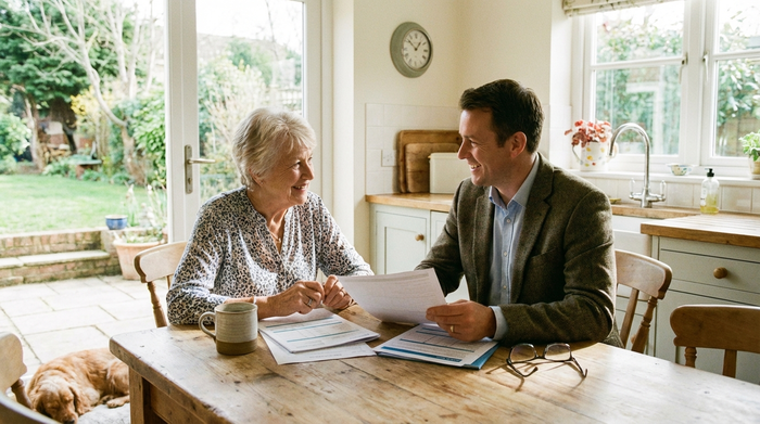 Eine ältere Dame sitzt am Küchentisch und bespricht lächelnd Dokumente mit einem freundlichen Berater in einem hellen Raum. Auf dem Tisch liegen übersichtliche Formulare und eine Kaffeetasse.