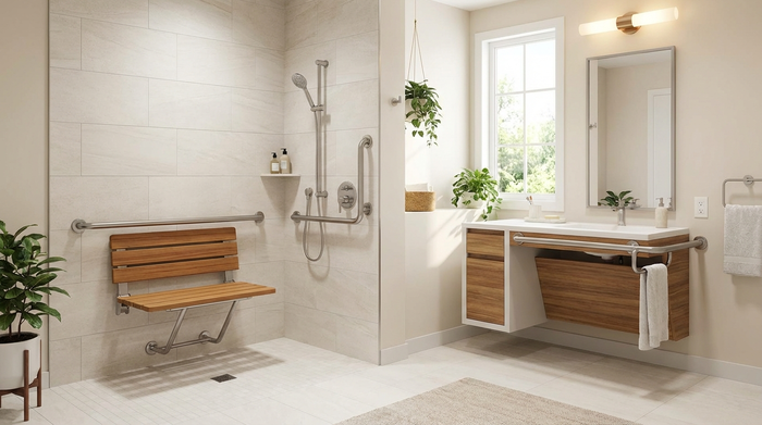 Ein modernes, barrierefreies Badezimmer mit einer ebenerdigen Dusche, stabilen Haltegriffen an den hellen Fliesenwänden und einem klappbaren Duschsitz. Alles wirkt sauber, sicher und einladend.