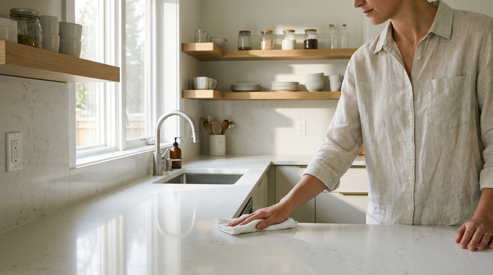 Eine ordentliche, helle Küche. Eine Person wischt mit einem weichen Tuch eine saubere Arbeitsplatte ab. Fokus auf Sauberkeit und Ordnung im Haushalt. Helles Tageslicht, aufgeräumte Umgebung, realistischer Stil ohne Text.