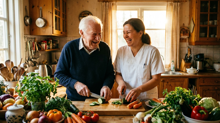 Ein älterer Herr und eine Betreuerin bereiten in einer Küche gemeinsam frisches Gemüse vor. Beide lachen und haben sichtlich Freude an der gemeinsamen Aktivität. Warme, einladende Atmosphäre, realistisch, keine Schrift.