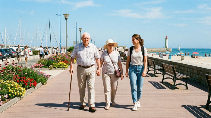 Ein älteres Paar spaziert in Begleitung einer jüngeren Betreuerin entlang einer gepflegten Promenade am Meer. Im Hintergrund leichtes maritimes Ambiente, Sonnenschein, entspannte Stimmung. Klare, realistische Fotografie ohne Text.