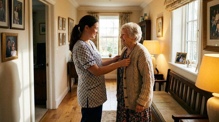 Eine fürsorgliche Betreuungskraft hilft einer älteren Dame beim Richten der Strickjacke im hellen Flur eines gemütlichen Hauses. Beide lächeln sich an, warme Beleuchtung, realistische Szene.