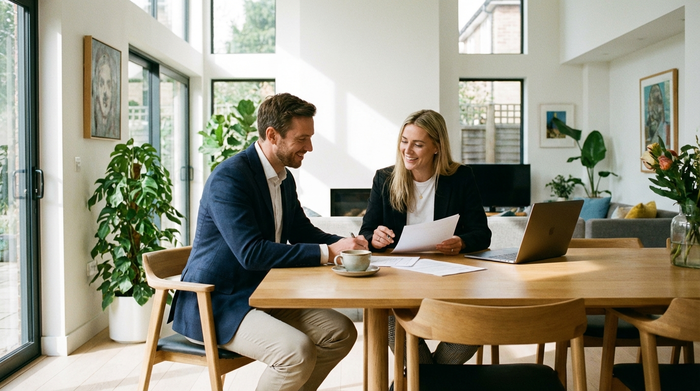 Zwei Personen sitzen an einem modernen Esstisch und besprechen entspannt Dokumente. Eine Tasse Kaffee steht auf dem Tisch, helles Wohnzimmer, professionelle aber gemütliche Atmosphäre.