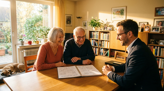 Ein älteres Ehepaar sitzt mit einem Berater am Wohnzimmertisch und blickt zufrieden auf ein aufgeschlagenes Notizbuch. Sonnenlicht fällt durch das Fenster, freundliche und hoffnungsvolle Stimmung.