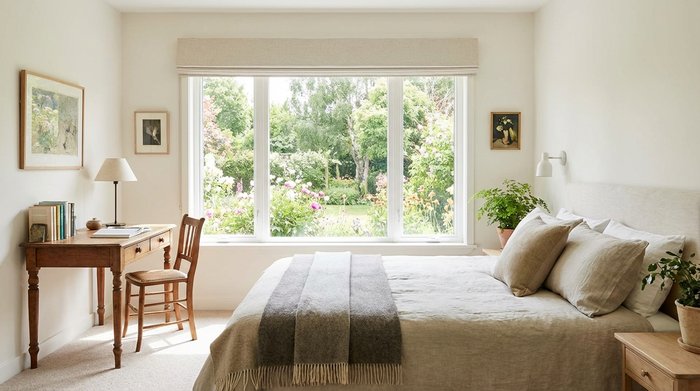 Ein helles, freundlich eingerichtetes Gästezimmer mit einem bequemen Bett, einem kleinen Schreibtisch und einem großen Fenster mit Blick in den Garten. Sauber, einladend und komfortabel.