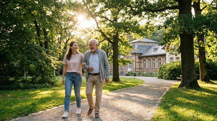 Eine junge Betreuungskraft und ein Senior spazieren entspannt durch einen grünen Kurpark, im Hintergrund alte Bäume und ein gepflegter Weg. Sonniges Wetter, harmonisches Miteinander.