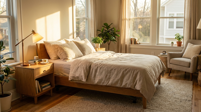 Ein gepflegtes, modernes Pflegebett steht in einem gemütlichen, lichtdurchfluteten Schlafzimmer eines Privathauses. Weiche Bettwäsche und ein Nachttisch mit einer Leselampe schaffen eine wohnliche Atmosphäre. Realistische Darstellung ohne Text.
