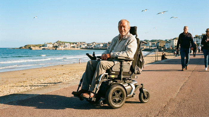 Ein älterer Herr sitzt entspannt in einem modernen Elektrorollstuhl an einer sonnigen Strandpromenade am Meer. Klare, realistische Szene mit blauem Himmel und Möwen im Hintergrund, ideal für eine Küstenstadt. Keine Schriften.