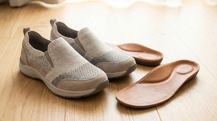 Nahaufnahme von bequemen, modernen Senioren-Halbschuhen auf einem hellen Holzboden. Neben den Schuhen liegt eine hochwertige, lederbezogene orthopädische Einlegesohle. Das Bild ist hell, aufgeräumt und vermittelt Komfort und Gesundheit. Keine Schriftzüge.