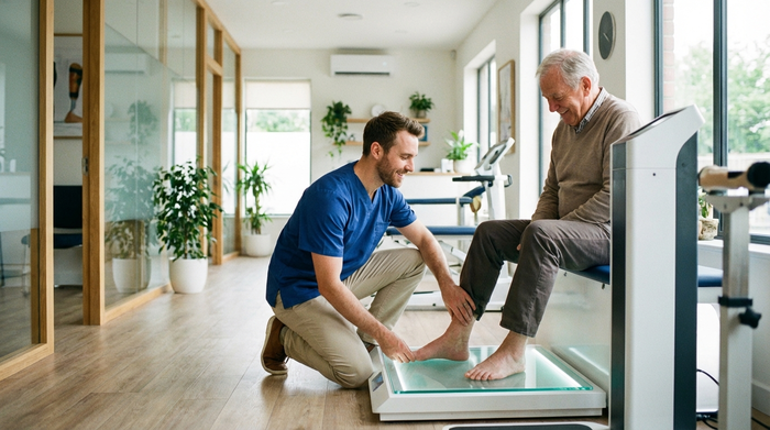 Ein freundlicher Orthopädietechniker in einem modernen, hellen Sanitätshaus kniet vor einem älteren Herrn und betrachtet dessen Fuß auf einer beleuchteten, sauberen Glasplatte eines 3D-Scanners. Friedliche, professionelle Atmosphäre, realistische Szene ohne sichtbaren Text.