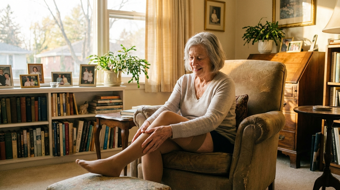 Eine rüstige Seniorin sitzt entspannt auf einem bequemen Sessel in einem sonnendurchfluteten Wohnzimmer und massiert sanft ihre Unterschenkel. Sie trägt unauffällige, hautfarbene Kompressionsstrümpfe. Gemütliches, ordentliches Ambiente, fotorealistisch.
