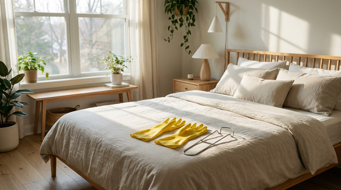 Ein Paar gelbe Haushaltsgummihandschuhe und ein metallener Strumpfbutler liegen ordentlich auf einem frisch gemachten Bett in einem hellen, freundlichen Schlafzimmer. Weiches Morgenlicht fällt durch das Fenster. Keine Schriftzüge, fotorealistisch.