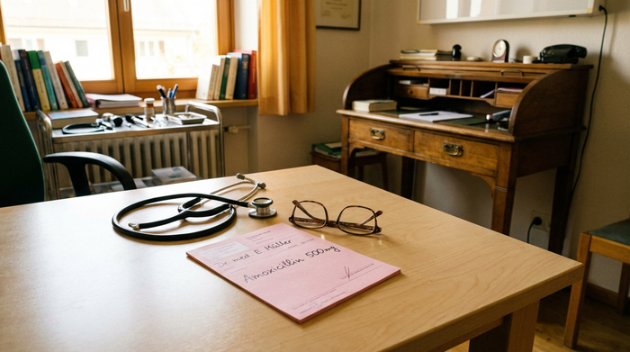 Ein rosa Rezeptformular liegt auf einem hellen Holztisch neben einem Stethoskop und einer Brille. Authentische Arztpraxis-Umgebung, warmes Licht.