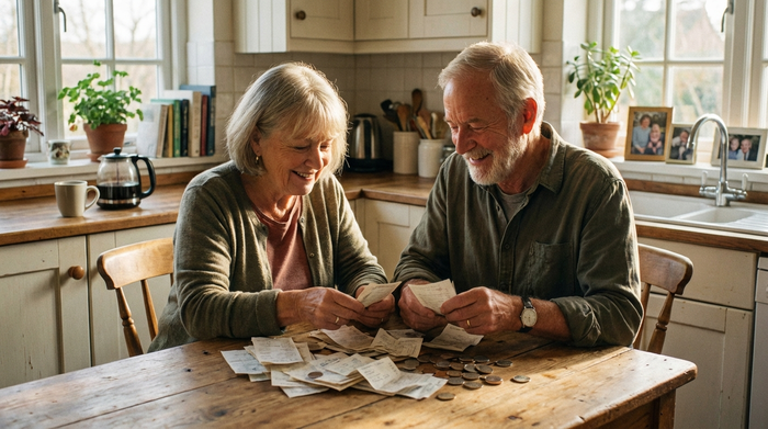 Ein älteres Ehepaar sitzt am Küchentisch und sortiert lächelnd Belege und Münzen. Im Hintergrund eine Tasse Kaffee, gemütliche und entspannte Stimmung.