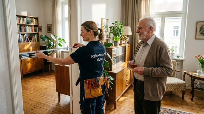 Ein professioneller Reha-Techniker misst mit einem Maßband die Türbreite in einer gemütlichen Wohnung. Ein freundlicher Senior schaut interessiert zu.