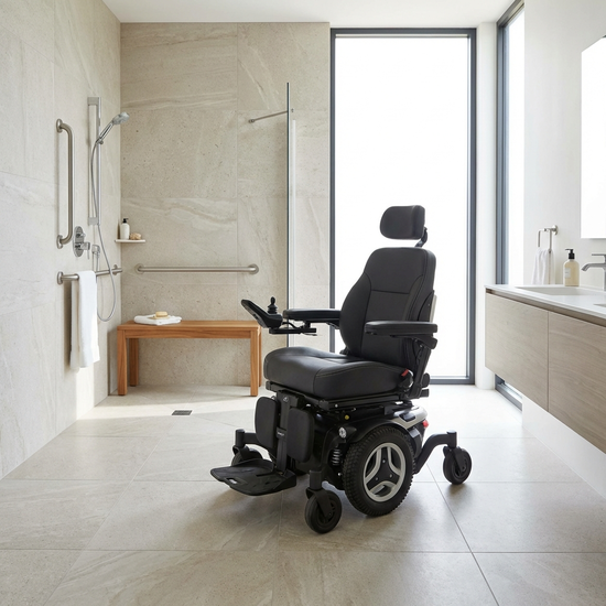 Ein moderner, bequemer Elektrorollstuhl steht in einem gepflegten, barrierefreien Badezimmer neben einer bodengleichen Dusche. Helle Fliesen, sauberes Ambiente.