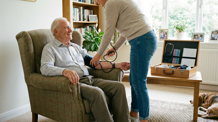 Ein älterer Herr sitzt entspannt in einem Sessel in einem hellen, aufgeräumten Wohnzimmer, während eine Pflegekraft in Zivilkleidung behutsam seinen Blutdruck misst. Im Hintergrund steht eine geöffnete Box mit Pflegeutensilien.