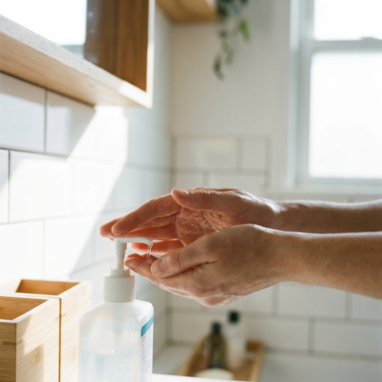Eine Nahaufnahme von sauberen Händen, die sich mit einem medizinischen Desinfektionsmittel aus einem Pumpspender einreiben. Im unscharfen Hintergrund ist ein aufgeräumtes, helles Badezimmer zu erkennen.