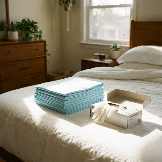 Ein ordentlich gefalteter Stapel von hellblauen Bettschutzeinlagen und eine Schachtel mit weißen Einmalhandschuhen liegen auf einem frisch bezogenen Bett in einem sonnendurchfluteten Schlafzimmer.