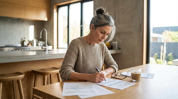Eine Frau mittleren Alters sitzt an einem modernen Küchentisch und füllt mit einem Stift konzentriert ein Formular aus. Neben ihr liegt eine Brille und eine Tasse Kaffee.