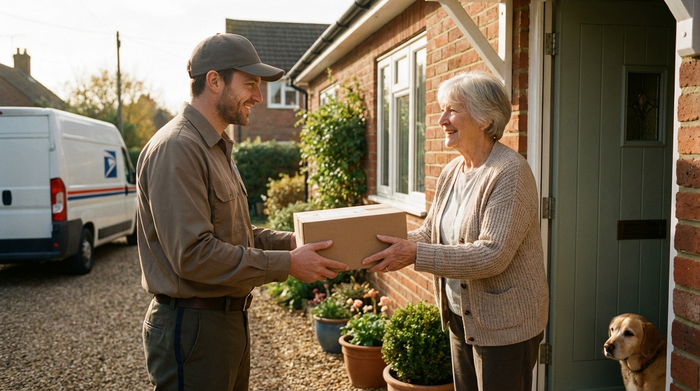 Ein freundlicher Paketbote überreicht einer lächelnden älteren Dame an der Haustür ein mittelgroßes, ordentliches Paket. Die Szene wirkt alltäglich und positiv.