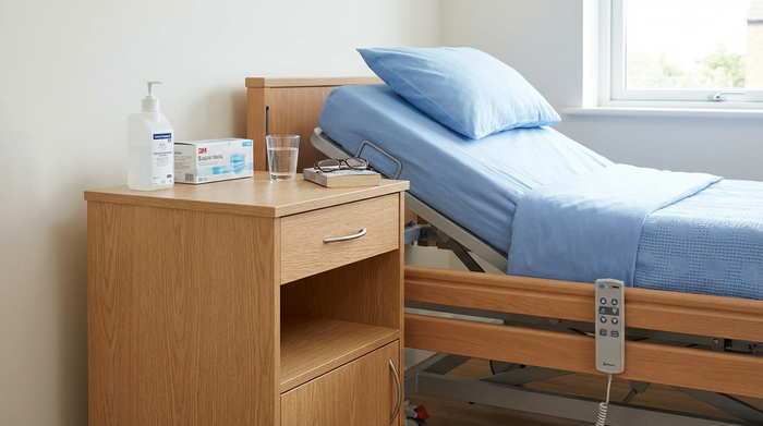 Eine sorgfältig vorbereitete Pflegeumgebung: Ein sauberer Nachttisch aus Holz neben einem Pflegebett. Darauf stehen ordentlich arrangiert eine Flasche Flächendesinfektionsmittel und eine Packung Mundschutzmasken.