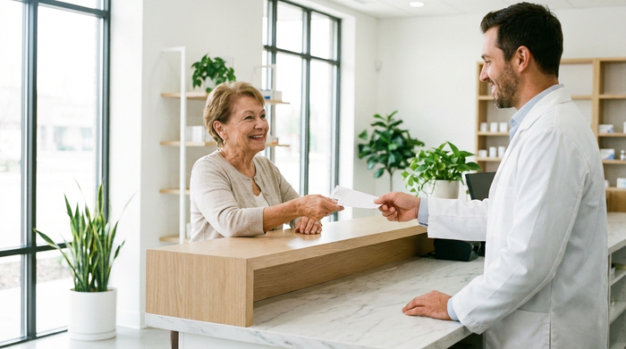 Eine ältere Dame am Tresen einer hellen, modernen Apotheke, die freundlich von einem Apotheker beraten wird. Sie reicht ihm ein Rezept über den Tresen. Fokus auf die Interaktion, saubere Umgebung, realistisch und ohne Schriftzüge.