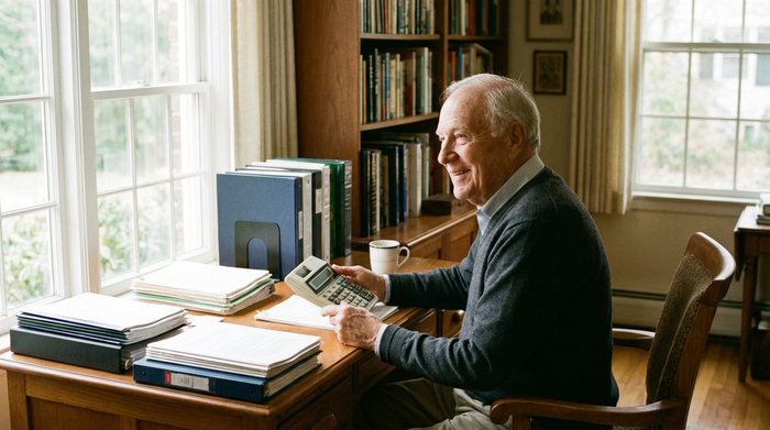 Ein Senior sitzt mit einem Taschenrechner und einigen ordentlich gestapelten Dokumenten an einem Schreibtisch am Fenster. Er blickt zufrieden und entspannt. Helles Tageslicht, aufgeräumtes Arbeitszimmer, fotorealistisch.