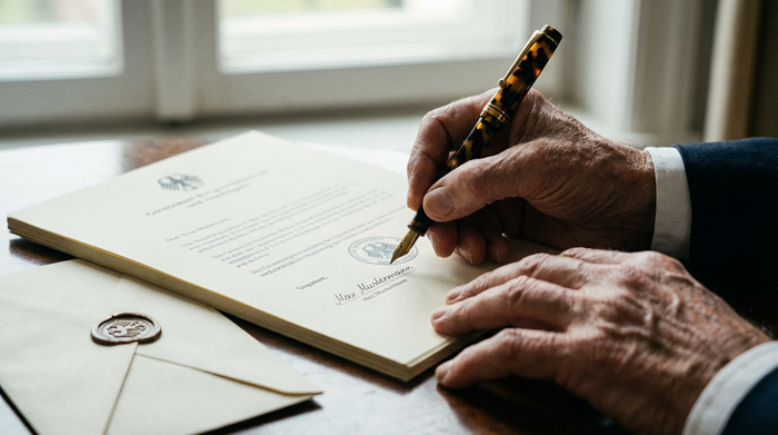 Nahaufnahme von Händen eines älteren Menschen, der mit einem edlen Füller ein offiziell aussehendes Formular unterschreibt. Daneben liegt ein Briefumschlag. Seriöse, ruhige Stimmung, weiches und realistisches Licht.