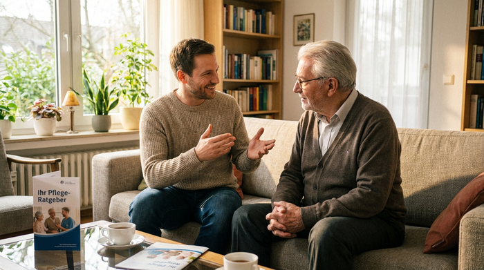 Ein freundlicher Pflegeberater im Gespräch mit einem älteren Herrn im Wohnzimmer. Beide sitzen auf einem bequemen Sofa, der Berater macht eine erklärende Handgeste. Vertrauensvolle, helle Atmosphäre.
