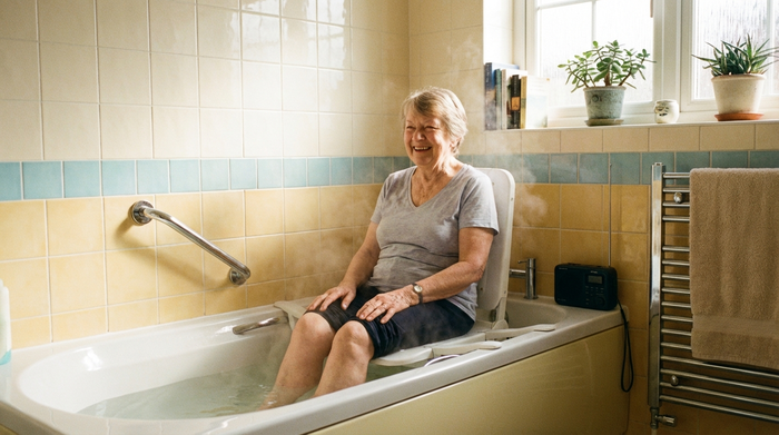 Eine ältere, lächelnde Frau sitzt entspannt und sicher auf einem weißen Badewannenlift in einer mit warmem Wasser gefüllten Badewanne. Das Badezimmer ist in hellen, freundlichen Farben gefliest. Die Szene strahlt Geborgenheit und Selbstständigkeit aus.