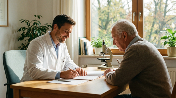 Ein freundlicher Arzt in weißem Kittel sitzt an einem aufgeräumten Schreibtisch und berät einen älteren Herrn. Beide blicken aufmerksam auf medizinische Dokumente. Helle, vertrauensvolle Praxisatmosphäre mit viel Tageslicht.