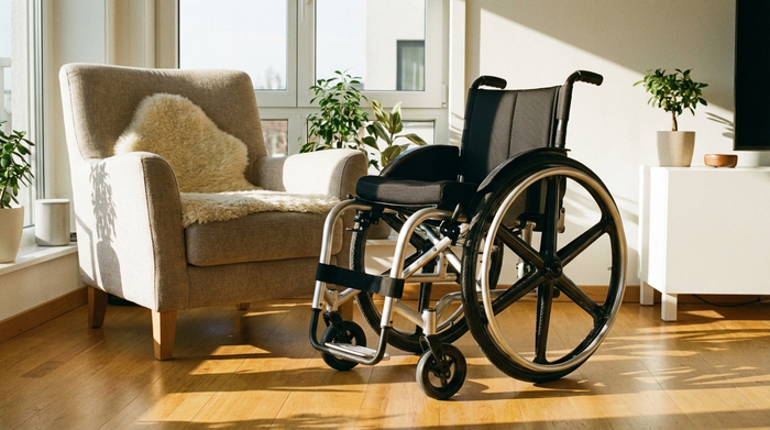 Ein moderner, zusammenklappbarer Leichtgewichtsrollstuhl aus Aluminium steht in einem hellen, aufgeräumten Wohnzimmer neben einem gemütlichen Sessel. Realistische Szene, klare Linien, warmes Sonnenlicht, ohne Text.