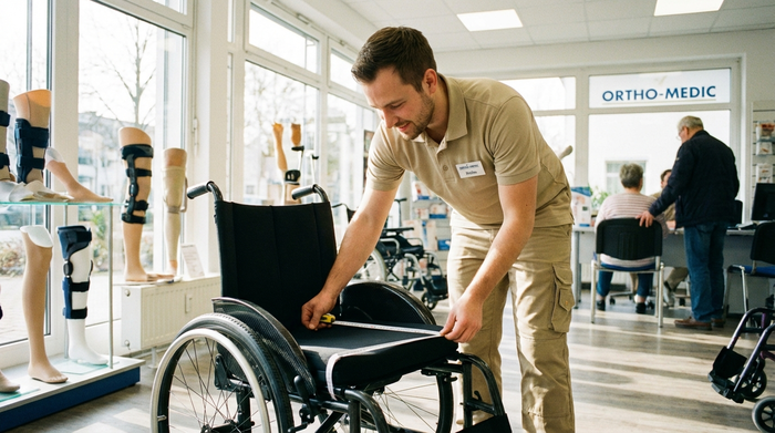 Ein freundlicher Orthopädietechniker in sauberer Berufskleidung misst mit einem Maßband die Sitzbreite eines leeren Rollstuhls in einem gut beleuchteten Sanitätshaus. Fachkundige Beratung, realistische und professionelle Szene.