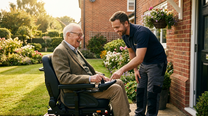 Ein glücklicher Senior im Rollstuhl erhält von einem lächelnden Techniker vor seiner Haustür eine Einweisung in die Bedienung. Sonniges Wetter, gepflegter Vorgarten, warme Farben, hyperrealistisch.