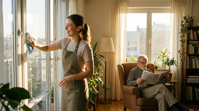 Eine junge, fröhliche Haushaltshilfe putzt die Fenster in einer sonnendurchfluteten Wohnung, während ein älterer Herr im Hintergrund entspannt Zeitung liest. Klare Umgebung, realistische Darstellung.
