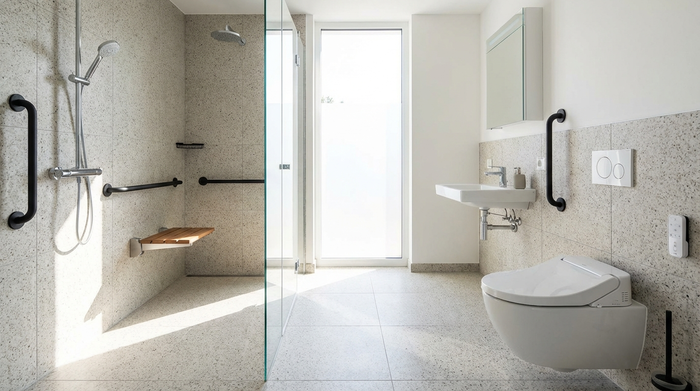 Ein modernes, helles und barrierefreies Badezimmer mit einer bodengleichen Dusche, eleganten Haltegriffen und rutschfesten Fliesen. Hochwertige Ausstattung, saubere Umgebung, keine Beschriftungen.