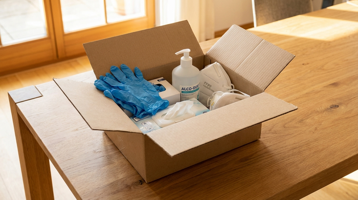 Eine geöffnete Box mit Pflegehilfsmitteln wie Einmalhandschuhen, Desinfektionsmittel und Masken steht auf einem sauberen Holztisch. Natürliches Licht, realistische und aufgeräumte Szene.