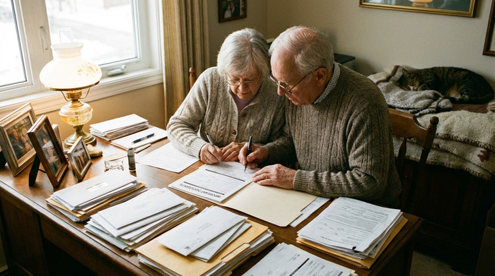 Ein älteres Ehepaar sitzt gemeinsam am Schreibtisch und füllt konzentriert ein wichtiges Formular aus. Auf dem Tisch liegen übersichtlich sortierte Dokumente. Warme, häusliche Atmosphäre.
