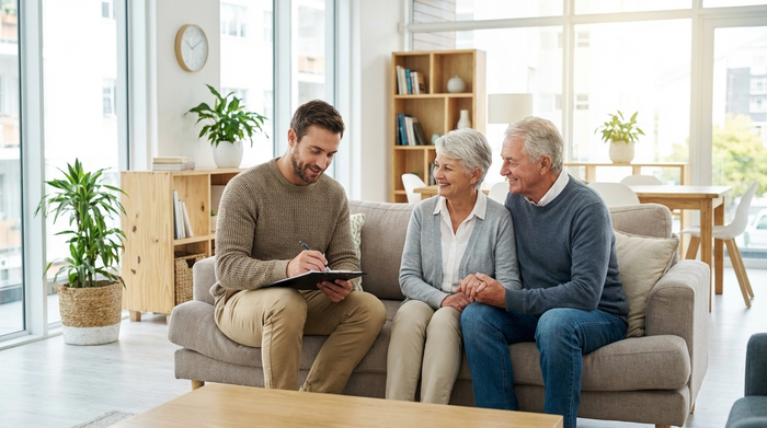 Ein empathischer männlicher Gutachter in legerer Kleidung sitzt mit einem älteren Ehepaar auf dem Sofa und macht sich Notizen auf einem Klemmbrett. Helle, aufgeräumte Umgebung.