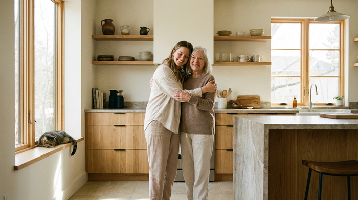 Eine lächelnde Seniorin gibt ihrer Tochter eine liebevolle Umarmung in einer modernen Küche. Beide wirken entspannt und glücklich. Sanftes Tageslicht fällt durch das Fenster.