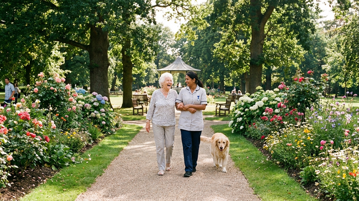 Eine ältere Frau spaziert fröhlich am Arm einer professionellen Pflegekraft durch einen grünen, sonnigen Park. Hohe Bäume und bunte Blumenbeete säumen den gepflegten Weg.