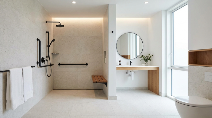 Ein modernes, helles und barrierefreies Badezimmer mit einer großzügigen, ebenerdigen Dusche, eleganten Haltegriffen an den Wänden und rutschfesten Fliesen. Sauberes, minimalistisches Design.