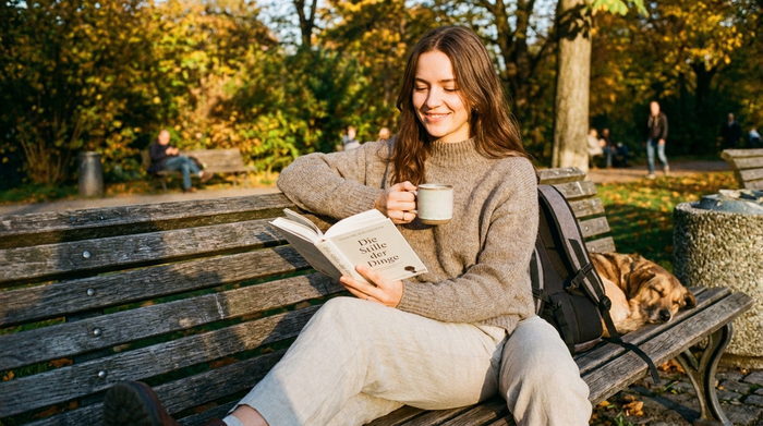Eine junge Frau sitzt entspannt auf einer Parkbank, liest ein Buch und genießt eine Tasse Kaffee in der Nachmittagssonne. Ruhige, erholsame Szenerie ohne Stress.