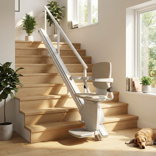 Ein moderner, unauffälliger Treppenlift an einer hellen Holztreppe in einem gepflegten Einfamilienhaus. Sonnenlicht fällt durch ein Fenster.