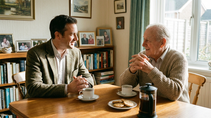 Ein freundlicher, professioneller medizinischer Gutachter im Gespräch mit einem älteren Herrn am Esstisch. Beide wirken entspannt, Kaffeetassen stehen auf dem Tisch.